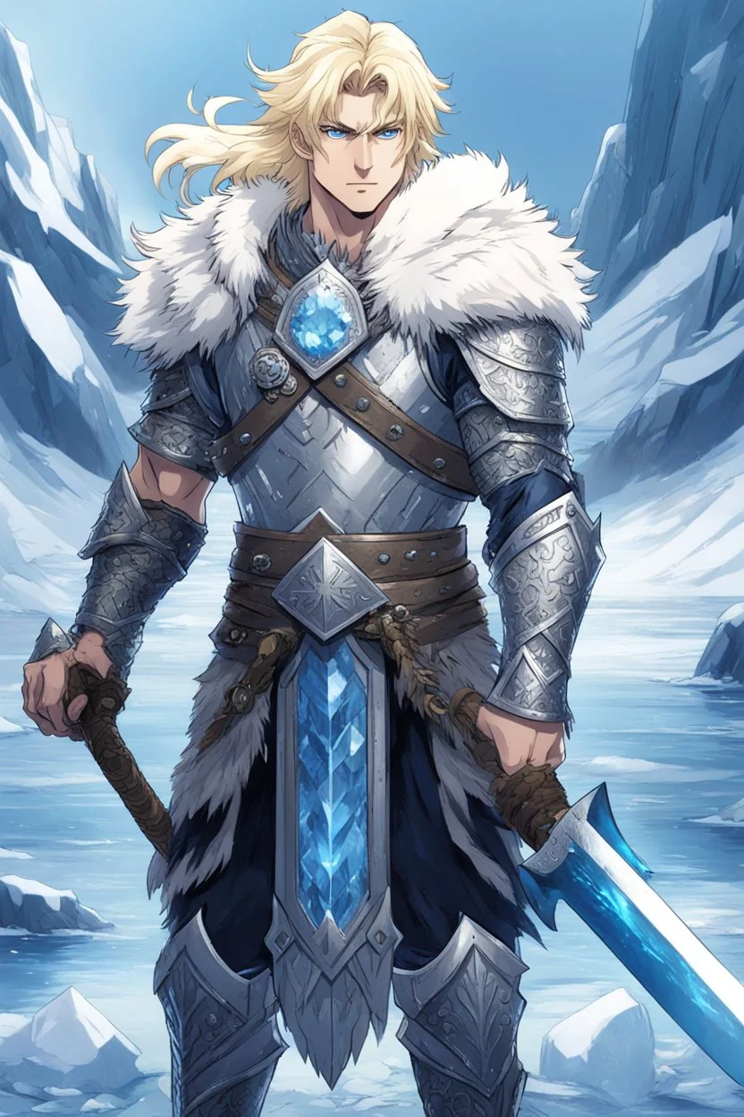 1 anime man. warrior, with blue eyes and blonde hair man in silver Viking armor with fur around the neck with blue crystal on his chest, standing in water in the artic, holding a ice axe, warrior in, anime style