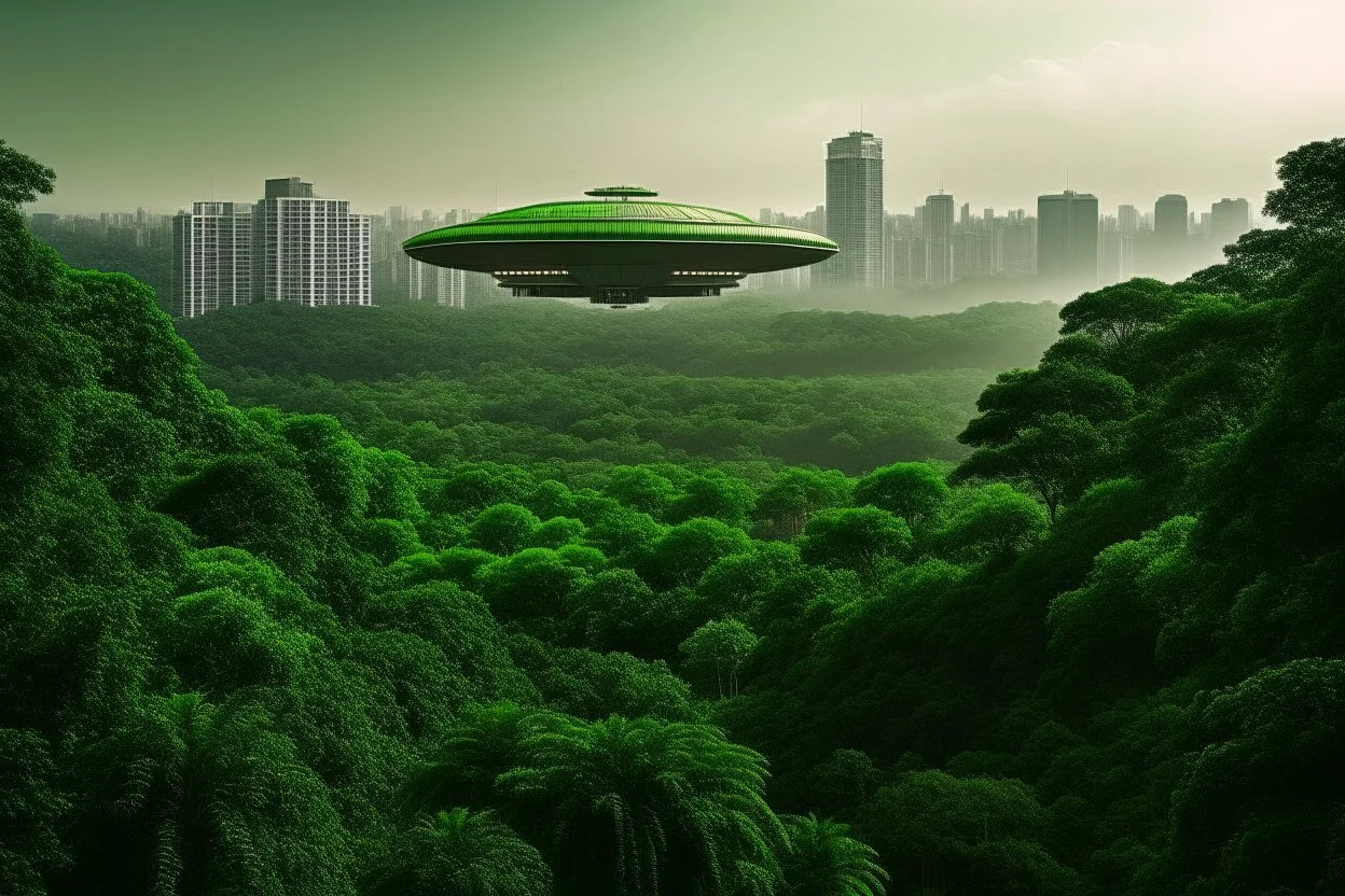 spaceship flying low over a jungle city