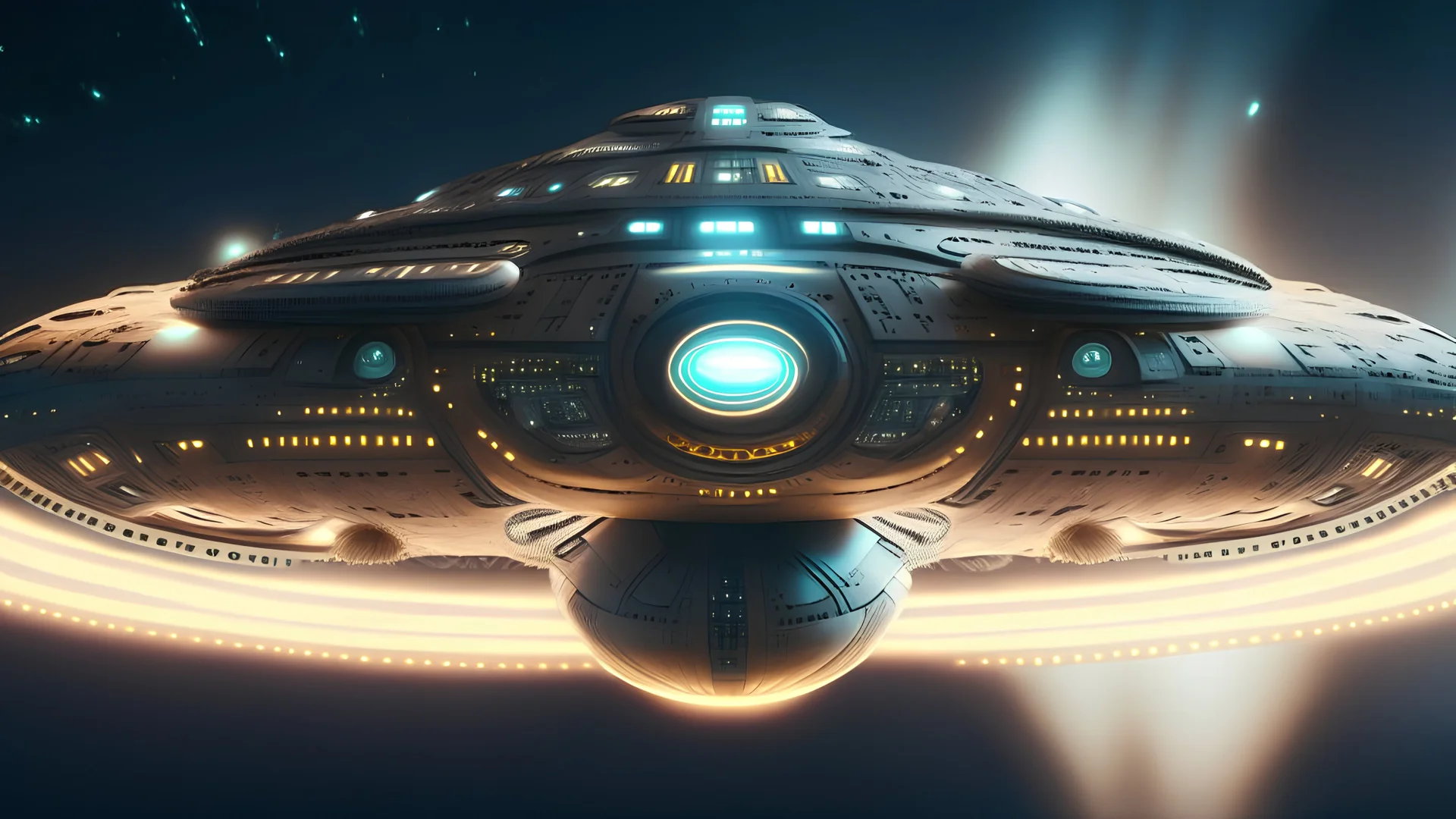 spaceship with saucer front and twin rear nacelle . intricate details. photo real. 8k. subtle light streaks