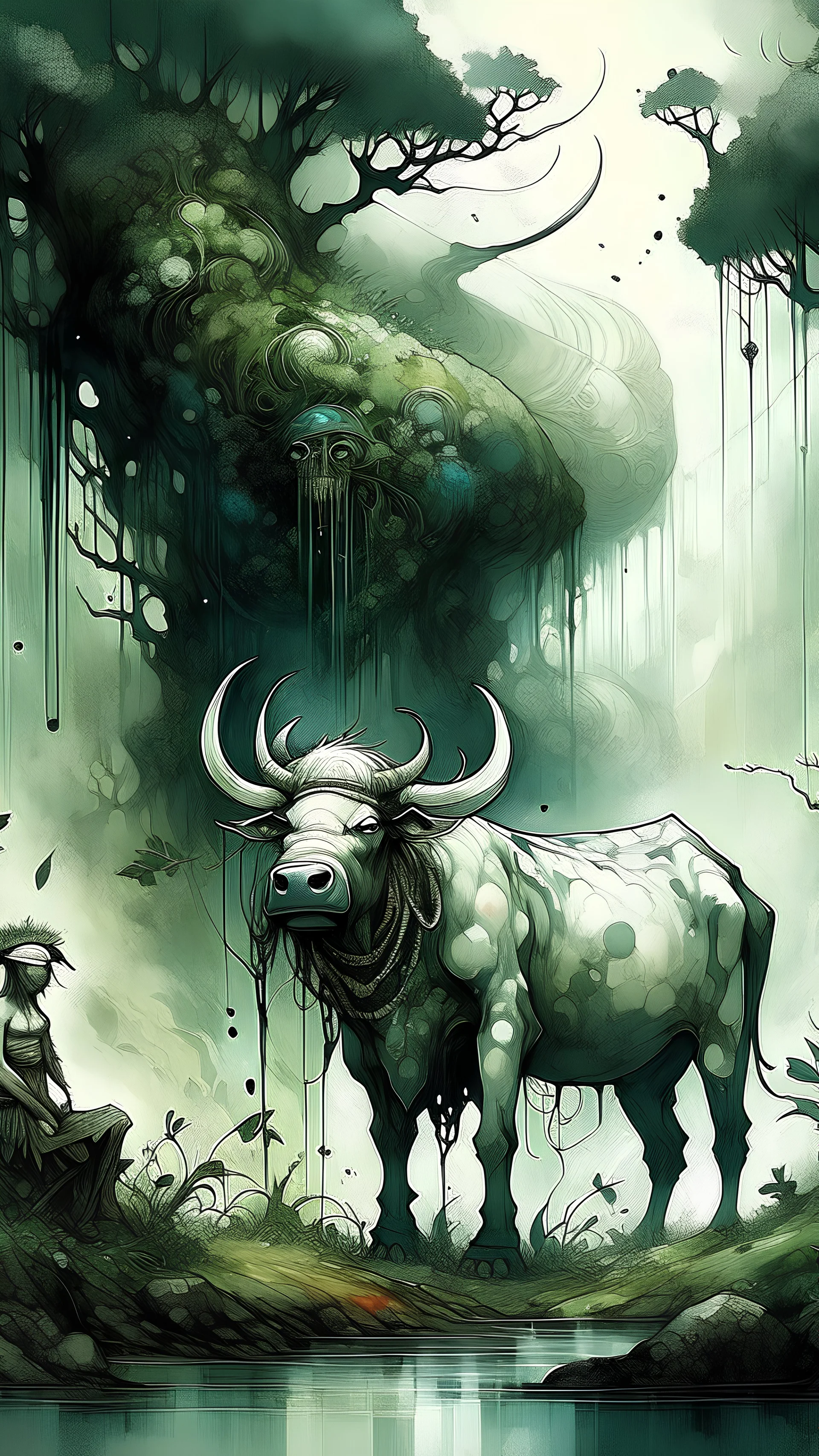 A bull or a horse with a wooden totem with spikes on it, in the middle of the forest. Opposite is a tree with a green-skinned man on it., by Ryohei Hase, Agnes Cecile, Raymond Swanland, Anne Bachelier