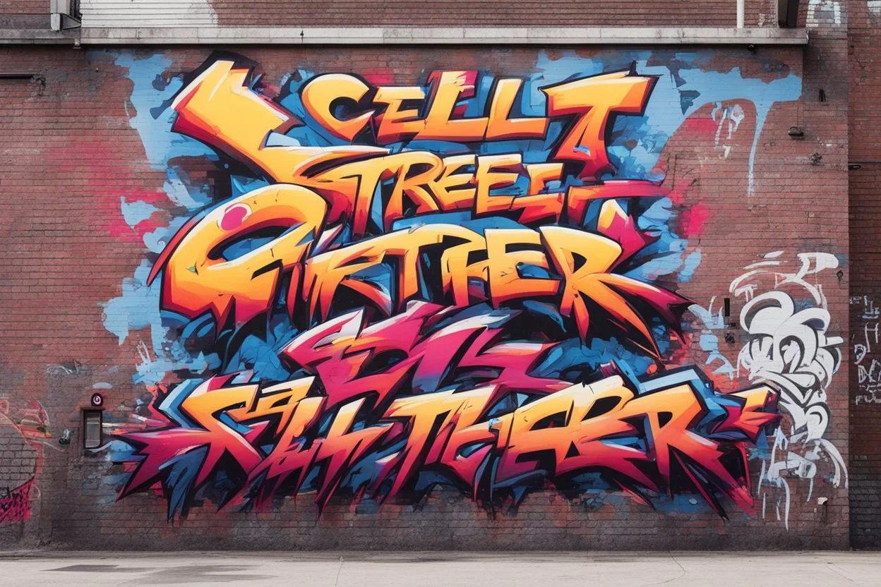 a graffiti mural wall with the word cell street fighter 6 style