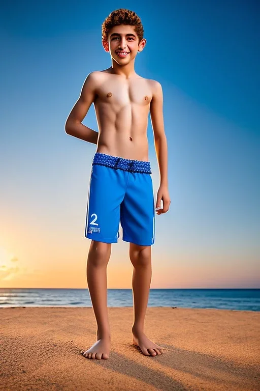 full body image of a beautiful 12 year old arabic boy with shoulder long, blonde curly hair and light blue eyes, smiling, shirtless, in front of an distant beach, sunset, photorealistic