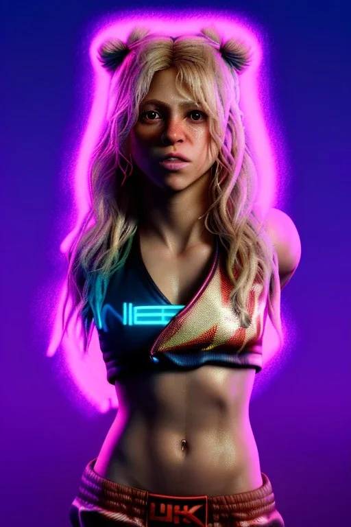 portrait, Shakira, blonde artist, angry, Realistic image, boxing robe, hoodie, mouthguard. loose long hair, eyes make up, perfect, glow, circle iris. Neon colors, leds, geometric shapes. Dark background, photo studio, neon lights. concept art, smooth, unreal engine 5, god lights, ray tracing, RTX, lumen lighting, ultra detail, volumetric lighting, 3d, finely drawn, high definition, 4k.