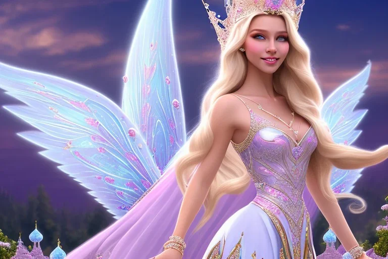 castle in background, beautiful, soft, big smiling, straight and long blonde hair, blues eyes, dewy and shiny atmosphere, diamond crown, long fairy wings in the back, full head, pink veil clothes