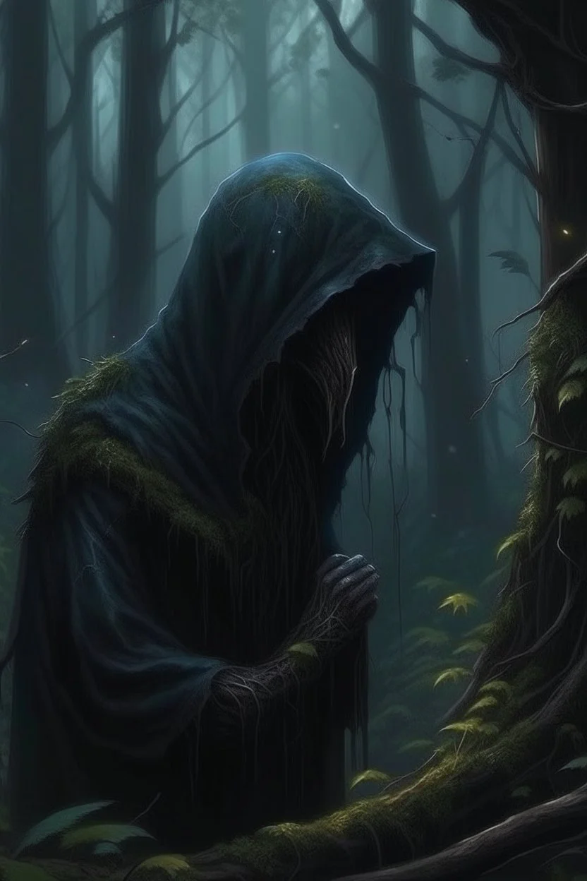 A hooded creature in the forest Mental disorders, dark material, surrealist, elementals, intricate background, masterpiece, octane rendered, artstation