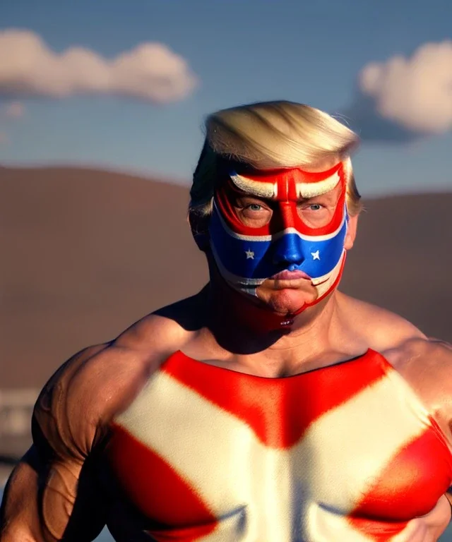 Realistic image of Donald trump wrestler, Mexican wrestling style, Mexican wrestling mask, chin and nose visibles, red and blue breeches, glow us flag dress, suspenders, retro style, 80s, vibrant color, highly detailed, sky background, concept art, unreal engine 5, god rays, ray tracing, RTX, lumen lighting, ultra detail, volumetric lighting, 3d, finely drawn, high definition, high resolution.