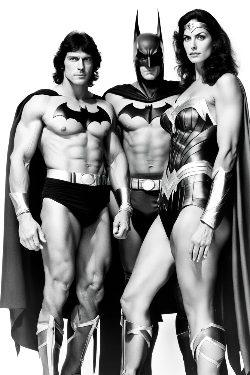 an extremely muscular version of the Michael Keaton Batman and the Christopher Reeve Superman Standing back-to-back with the Lynda Carter Wonder Woman Standing in the Middle,