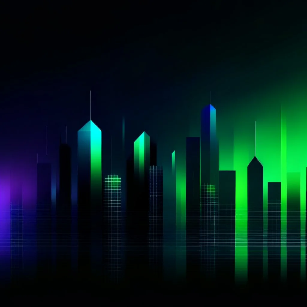 Digital and poly illustration of a minimalist and digital city with a dark background and gradients with light blue, light green, and purple.