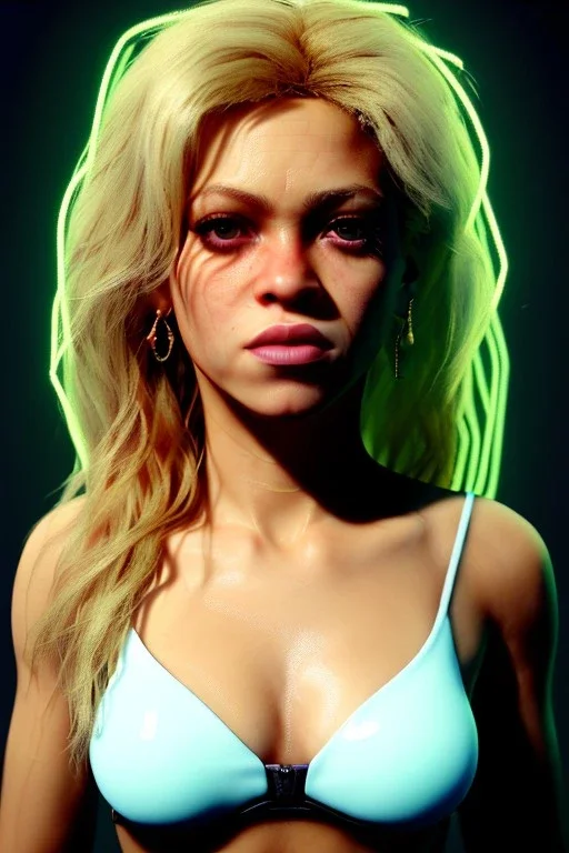 portrait, Shakira, blonde artist, angry, Realistic image, latex style dress. Skewers, loose long hair, eyes make up, perfect, glow, circle iris. Neon colors, leds, geometric shapes. Dark background, photo studio, neon lights. Mad max, concept art, smooth, unreal engine 5, god lights, ray tracing, RTX, lumen lighting, ultra detail, volumetric lighting, 3d, finely drawn, high definition, 4k.