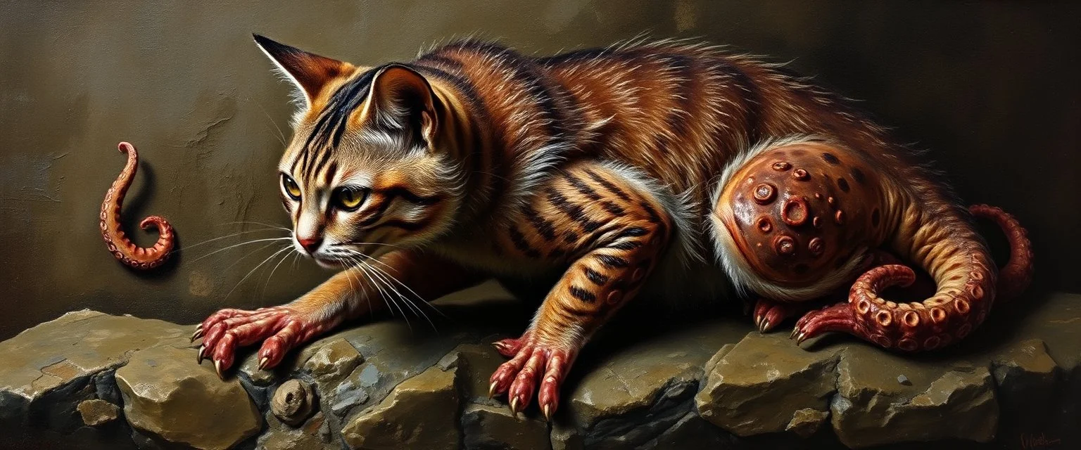 master oil painting by Rembrandt, cat octopus orc fish salamander