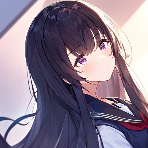 Clear focus,High resolution, Black long straight hair, Long bangs, and purple eyes, Looking down on you, wearing a sailor uniform that is black and red, sighing