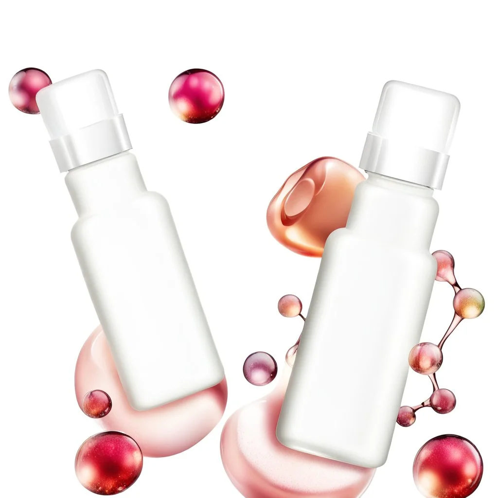 two bottles for cosmetics, behind a beautiful floral spring floral background, top view picture, in the background there are beautiful soap bubbles and molecules, high-quality picture, top view