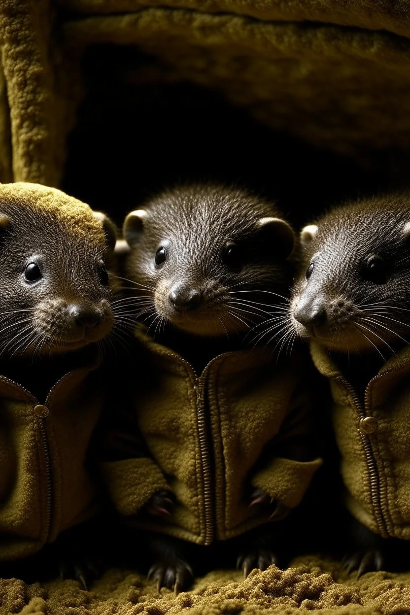 Three moles one at top another inside an adult jacket. Movie scene.