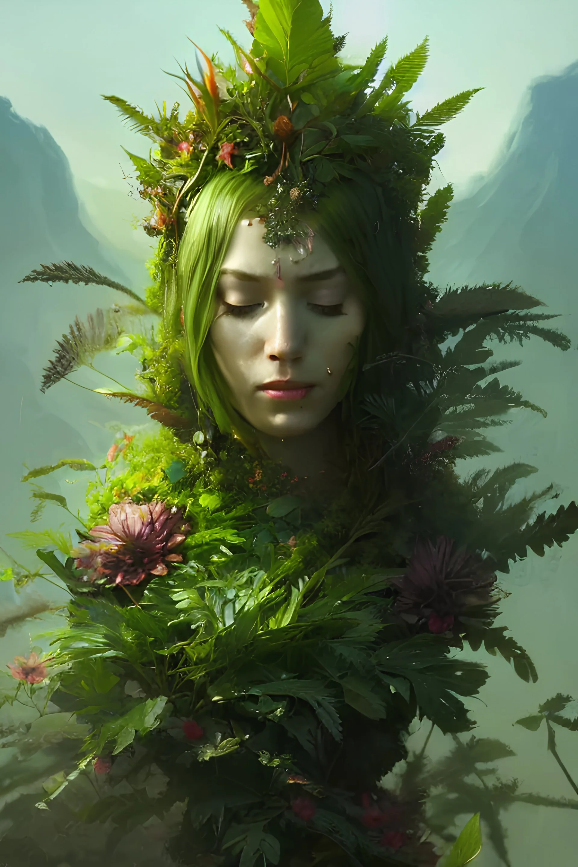 a beautiful portrait of a plant goddess with closed eyes by Greg Rutkowski and Raymond Swanland, Trending on Artstation, ultra realistic digital art