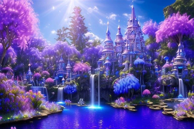 luminous blue crystal castle,fountain, sun,swanns,waterfall, BLUE LAKE, SWANNs,blue bugainvillier flowers, jacaranda violet trees, sky pink blue, full of details, smooth, bright sunshine，soft light atmosphere, light effect，vaporwave colorful, concept art, smooth, extremely sharp detail, finely tuned detail, ultra high definition, 8 k, unreal engine 5, ultra sharp focus