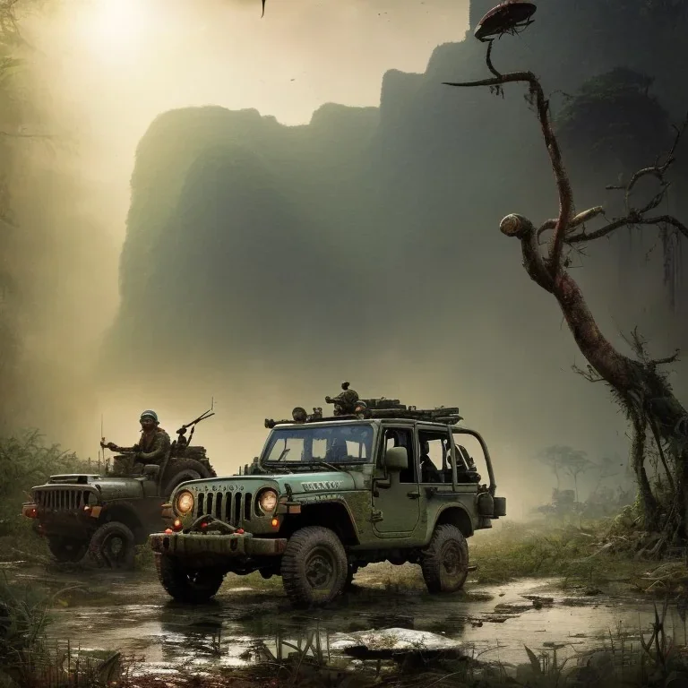 vietnam war. war report. jeep in jungle. poster. bokeh. lens flare. warm lights. high detailed. beksinski