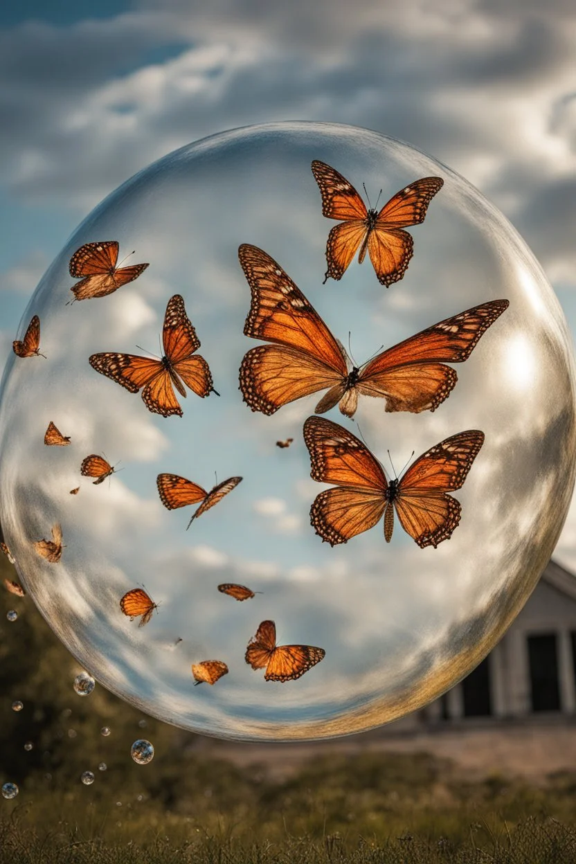 Butterflies in bubble blown up to the sky