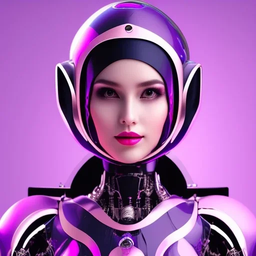 Cute hijab woman in a robotic suit,purple and pink backlight, profile