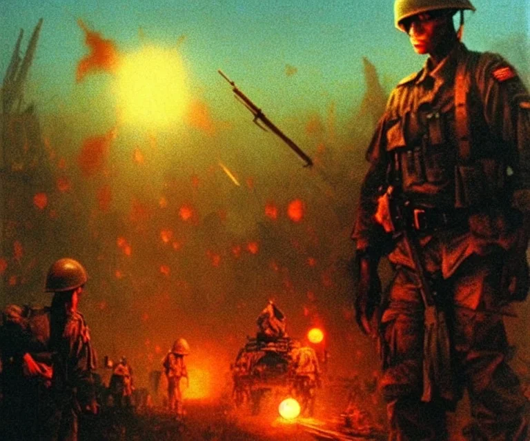 vietnam war. war. napalm. bokeh. lens flare. warm lights. high detailed. beksinski