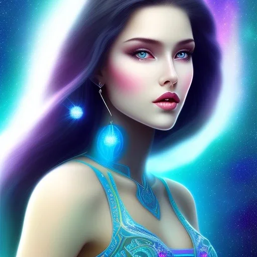 beautiful woman with long hair and smile look the stars and northern aurora blue turquoise lights, blue, pink,