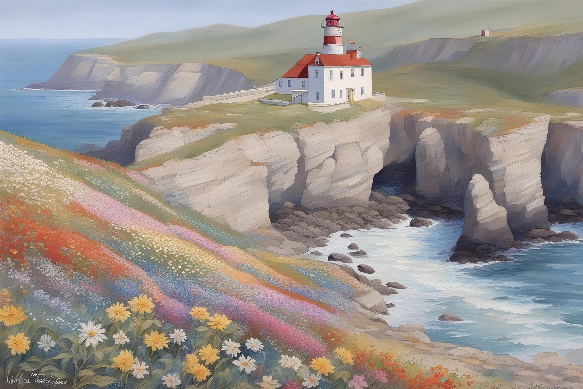 Rocky shoreline, steep pale rock cliffs, Lighthouse in the distance, Multi-colored wildflowers growing on top of the cliffs, hyperdetailed