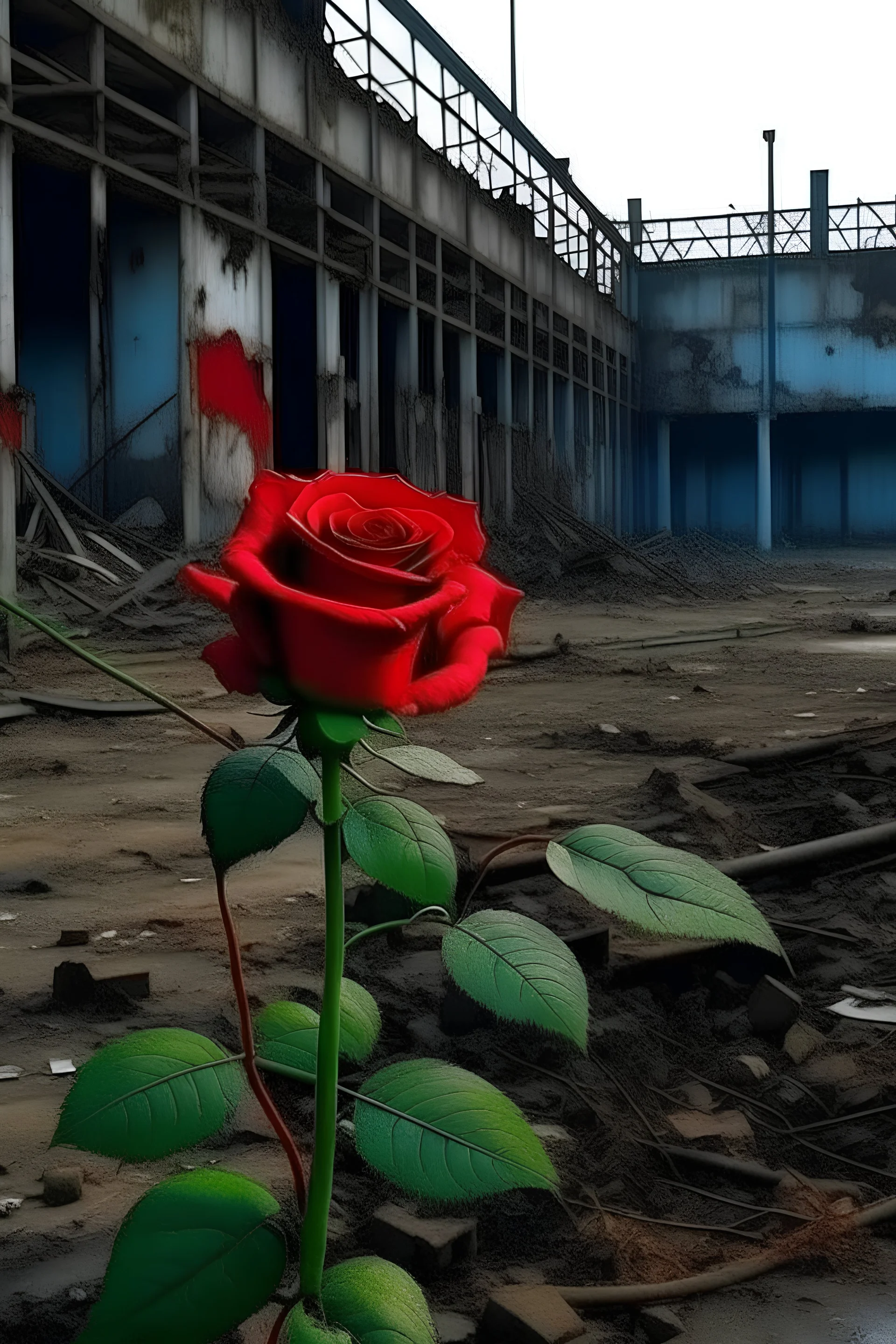 abanonded fluor factory with death look, and only one beautiful growing red rose on middle broken ground away from camera