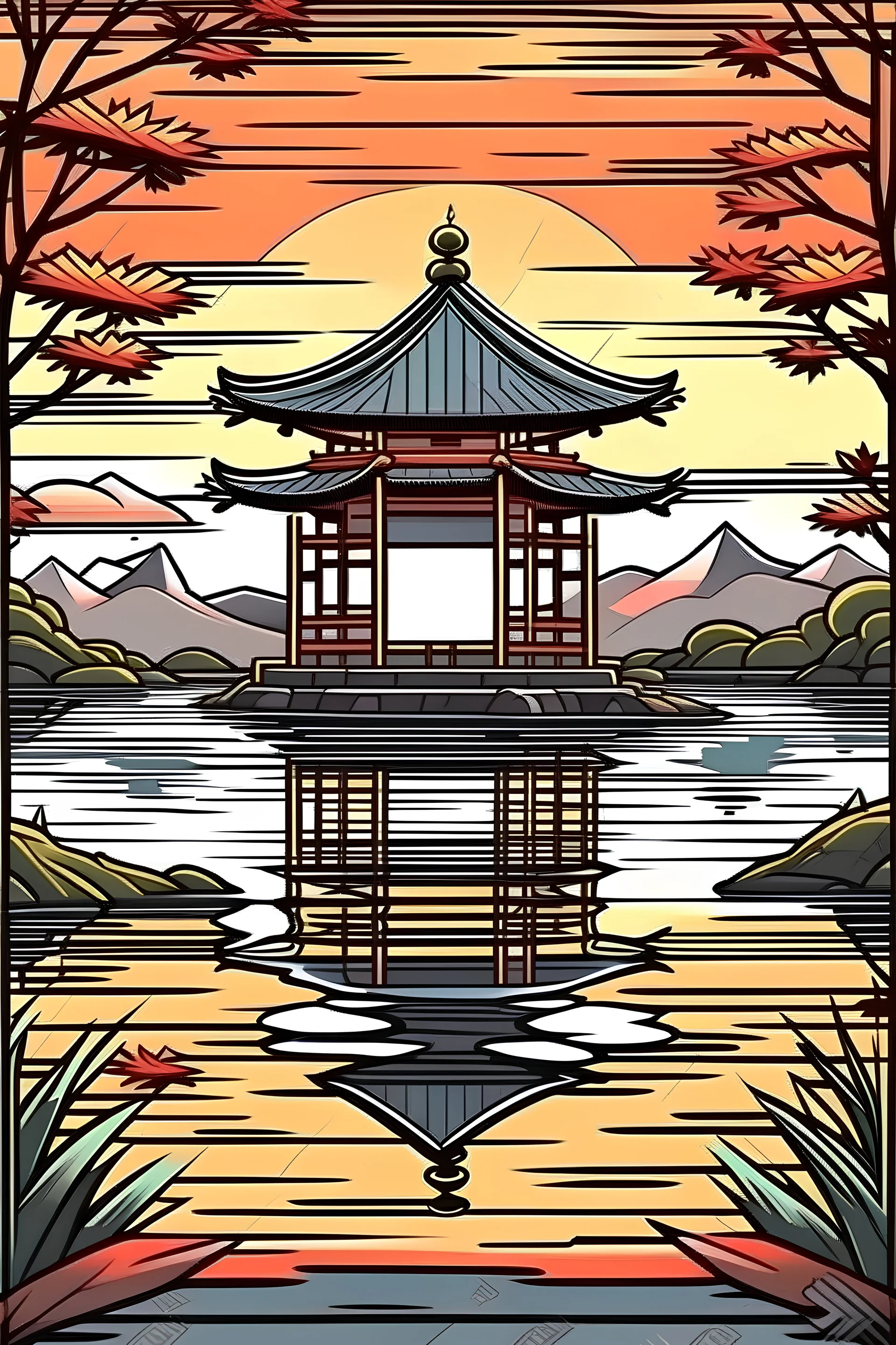 Japanese shrine in lake in 1 point perspective with sunrise