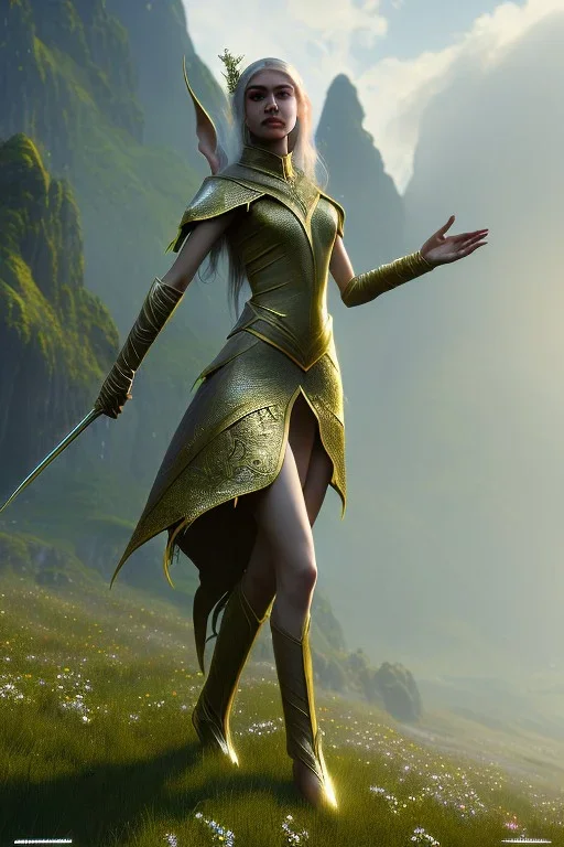 elven young woman, wearing light dress, visible ultradetailed cute femine face, visible and armonious legs feet and hands, luminous weather, field in the mountains, highly detailed, photorealistic, octane render, 8 k, unreal engine, art by artgerm and greg rutkowski and charlie bowater and magali villeneuve and alphonse mucha