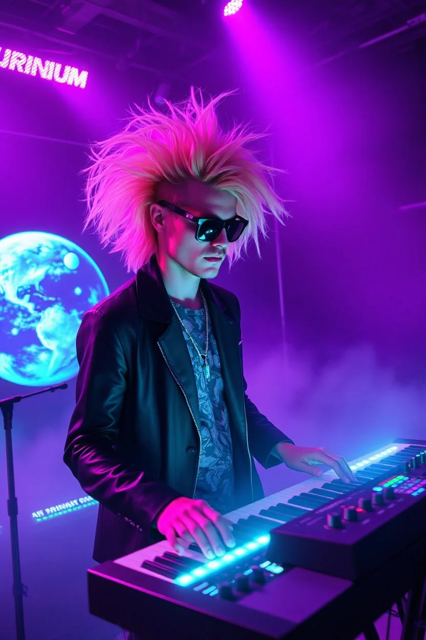 French cool synth player with crazy techno acid hair, he is called "Jean-Maurice Brûlée" performing at dance club, his name is "Jean-Maurice Brûlée" , white and purple Neon lights and purple smog, and "URINIUM" big sign on the wall, he is playing on synthesizers on stage with lot of laser beams and wearing black sunglasses, an earth is projected in background