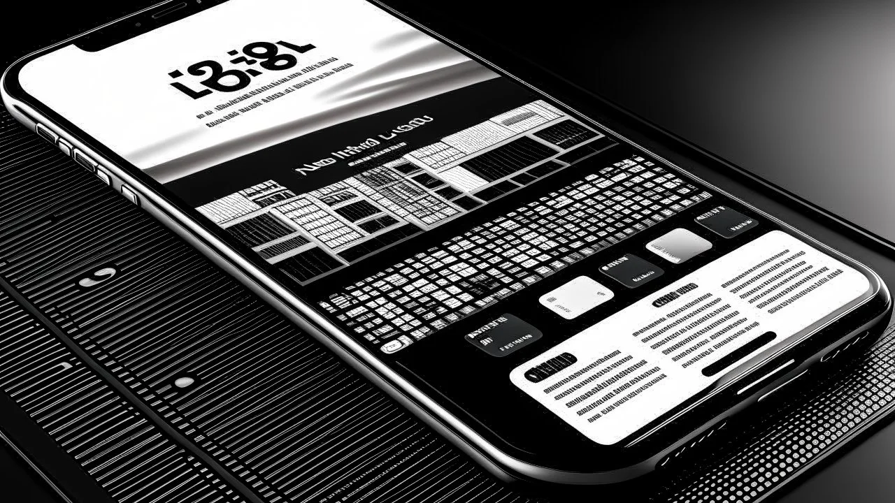 a 3d black& white website flowingout of a photo realistic iphone 14 screen, left side perspective