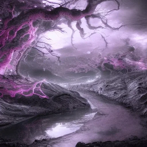 River of sorrow, Acheron, mythological references, metaphysical unexplained,embittered, blackened waters,Charon, electonic , hyper-detailed,sci- fi style,highly detailed CG render,neon, pink, gray,black,purple,colours,