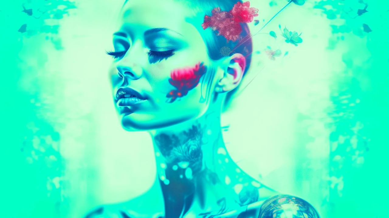 old retro photograph, light vignette, faded, worn and cracked, double exposure, surrealism, female humanoid from another world, red lips, half body, greenish blue pale transparent glowing skin, bald head, plants growing out of head, tattoo on head, alien transparent eyes, double exposure, hyperdetail, double exposure, Anna Razumovskaya, Anna Dittmann, Luis Royo, Neo-impressionism, expressionism, oil painting. Bold, detailed and textured brushstrokes reminiscent of Royo and Peter Coulson. Deep co