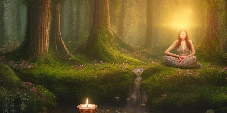 detailed beautiful euroean lady meditating at night with candles in an enchanted forest, fotorealistic, high quality, landscape, 17, chalice well