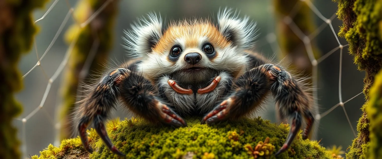 the high speed magical face of a fluffy panda crab spider yoga with charm in web from mossy tower, master oil painting by Rembrandt and Escher, in his moss covered space ship , brightened edges to give a sense of depth, motion blur