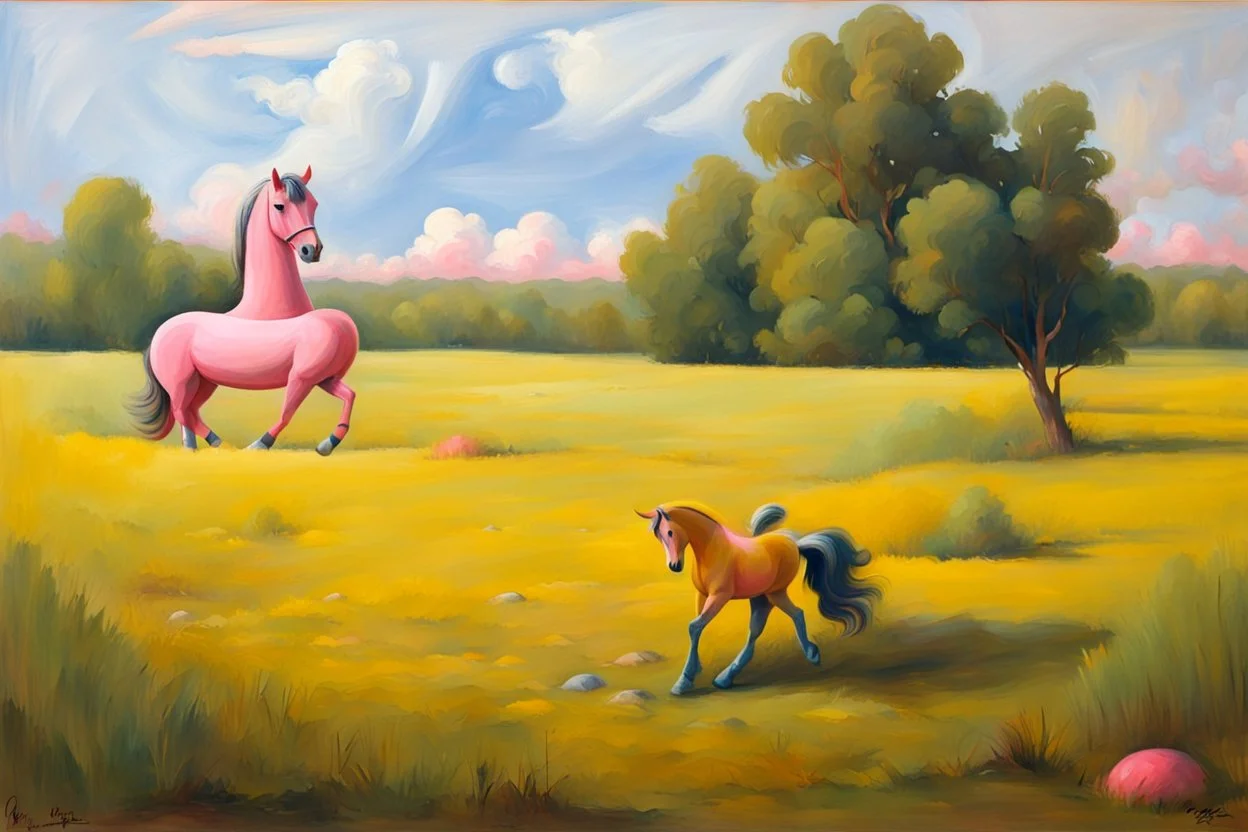 Big pink plastic toy horse.19th painting