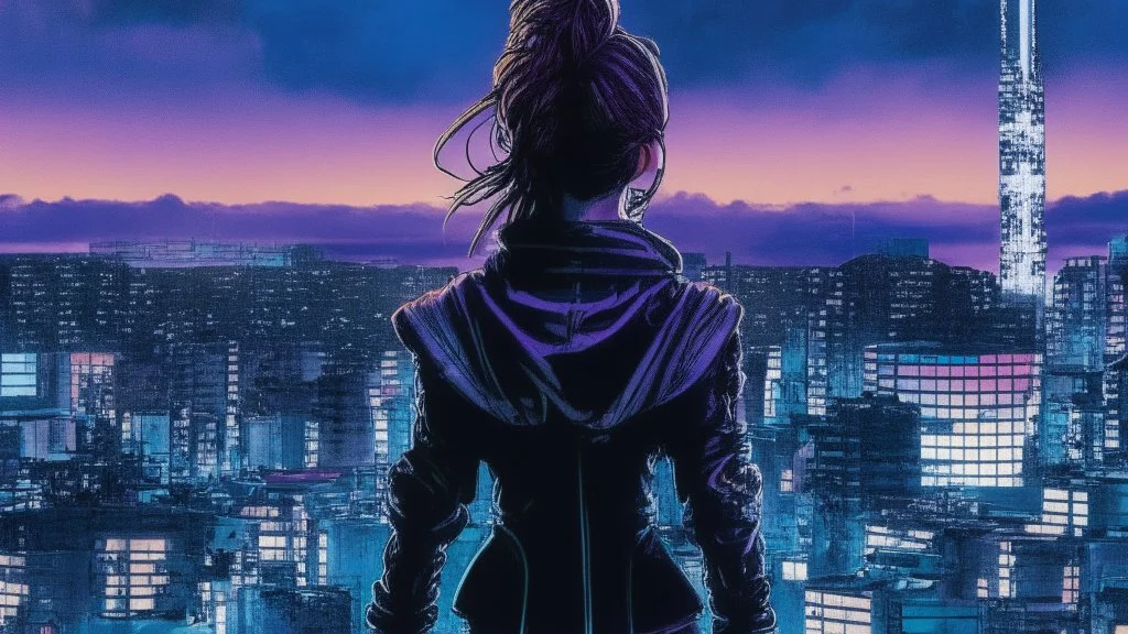 Clear Focus, High resolution, Beautiful girl standing backwards to a Cyberpunk skyline, comic style