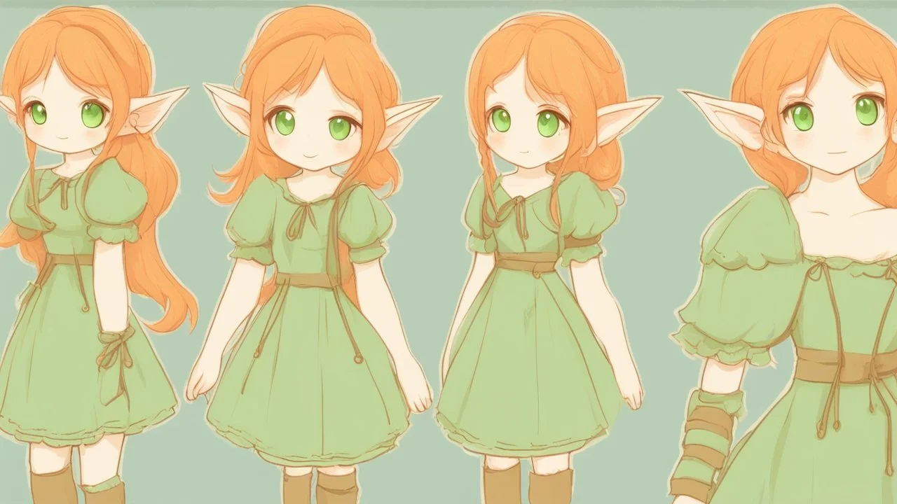 Cute Elf with orange hair and glowing green eyes She wears a light green dress