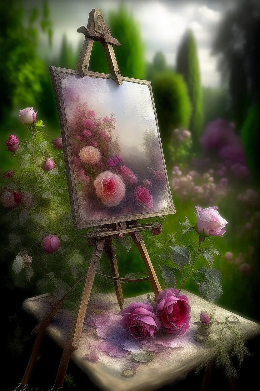 in the rose garden, an artist's workshop, an easel, a canvas with a rose pattern, bushes of vintage garden roses with buds , complex burgundy, purple roses, a work of art, hyperdetalization, professionally, filigree, misty haze, surrealism, transparent, delicate pastel tones, contour lighting, grunge style, volumetric watercolor, aesthetically beautiful, realistic, high resolution, high detail, ISO 100 photosensitivity and f/2.8. 1/250 aperture with a 30, 32KB lens