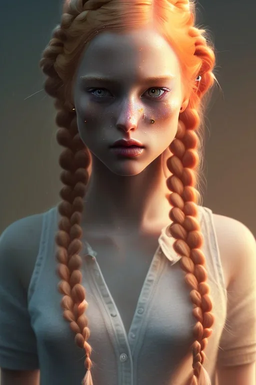 girl 20 anni, cute, beautiful, orange hair, two braids, wild bangs, blue eyes, big eyes, freckles, long eyelashes, pink lipstick, thin lips, small nose, Gillian from Practical Magic, 8k resolution concept art portrait by Greg Rutkowski