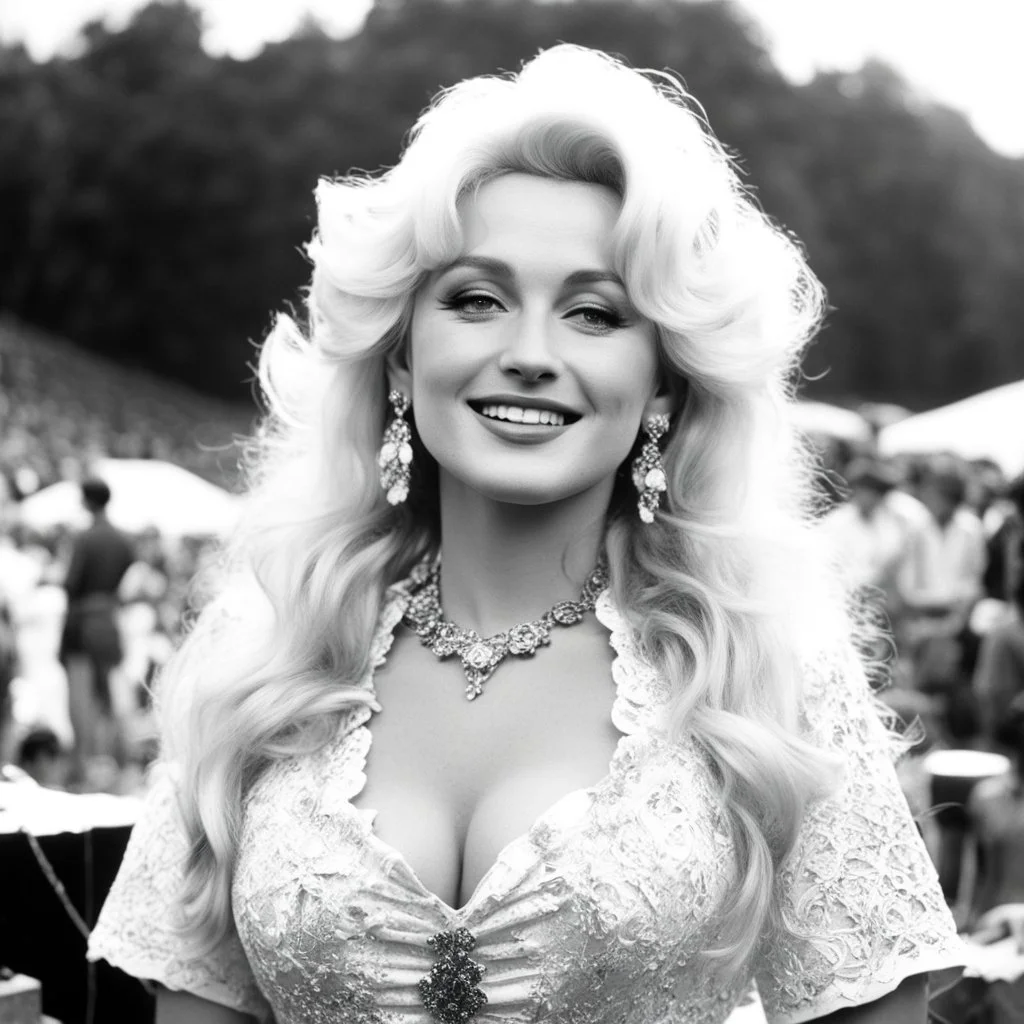 alluring young Dolly Parton on stage at Woodstock, she is 19 years old, Woodstock is well of mud and beatnik attendees, her long wavy blonde hair and her square jaws make her unique
