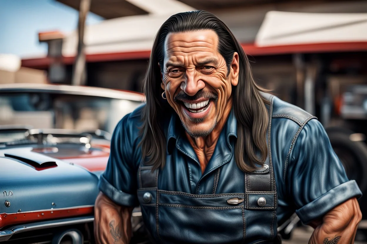 Fotorealistisch Danny Trejo breit grinsend mit offenem Haar in ölverschmiertem Mechaniker Overall fährt Muscle Car