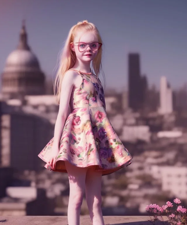 Elle fanning toddler, full body, city background, floral dress, dramatic lighting