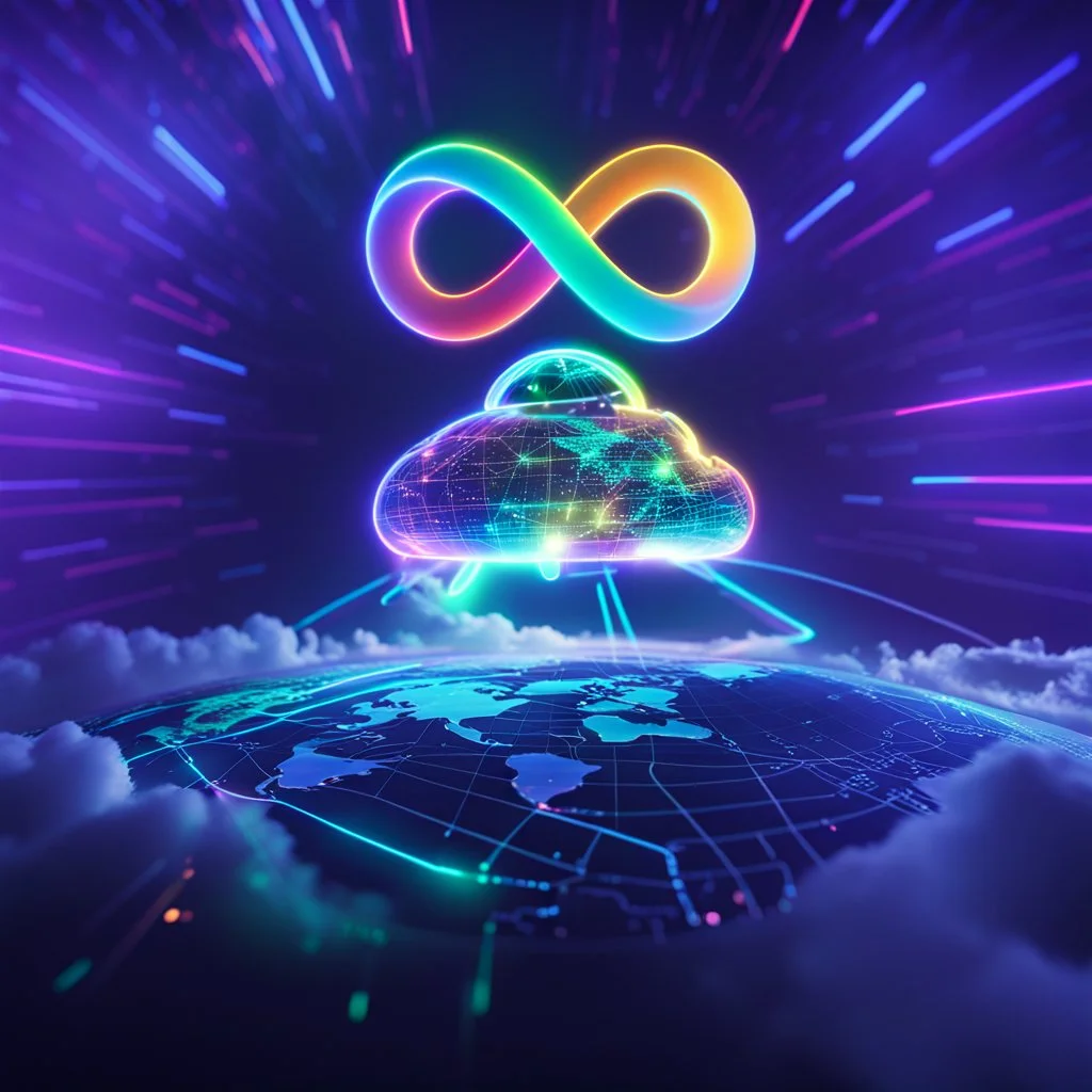 Colourful 3D glowing infinity symbol ∞, hovering above a colourful glowing cloud, network and lights coming from the cloud onto a futuristic map of the globe, inspiring, neon, glowing, friendly, beautiful, octane render, 8k post-production, artstation: award-winning: atmospheric: commanding: fantastical: clarity: 16k: ultra quality: striking: brilliance: liquid medium: stunning colors: amazing depth; lens: f/8, 28mm
