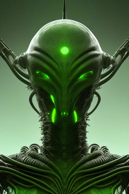 green alien, head, evil, black eyes, weapons, blood, 8k, finely detailed, photo realistic, HR Giger style