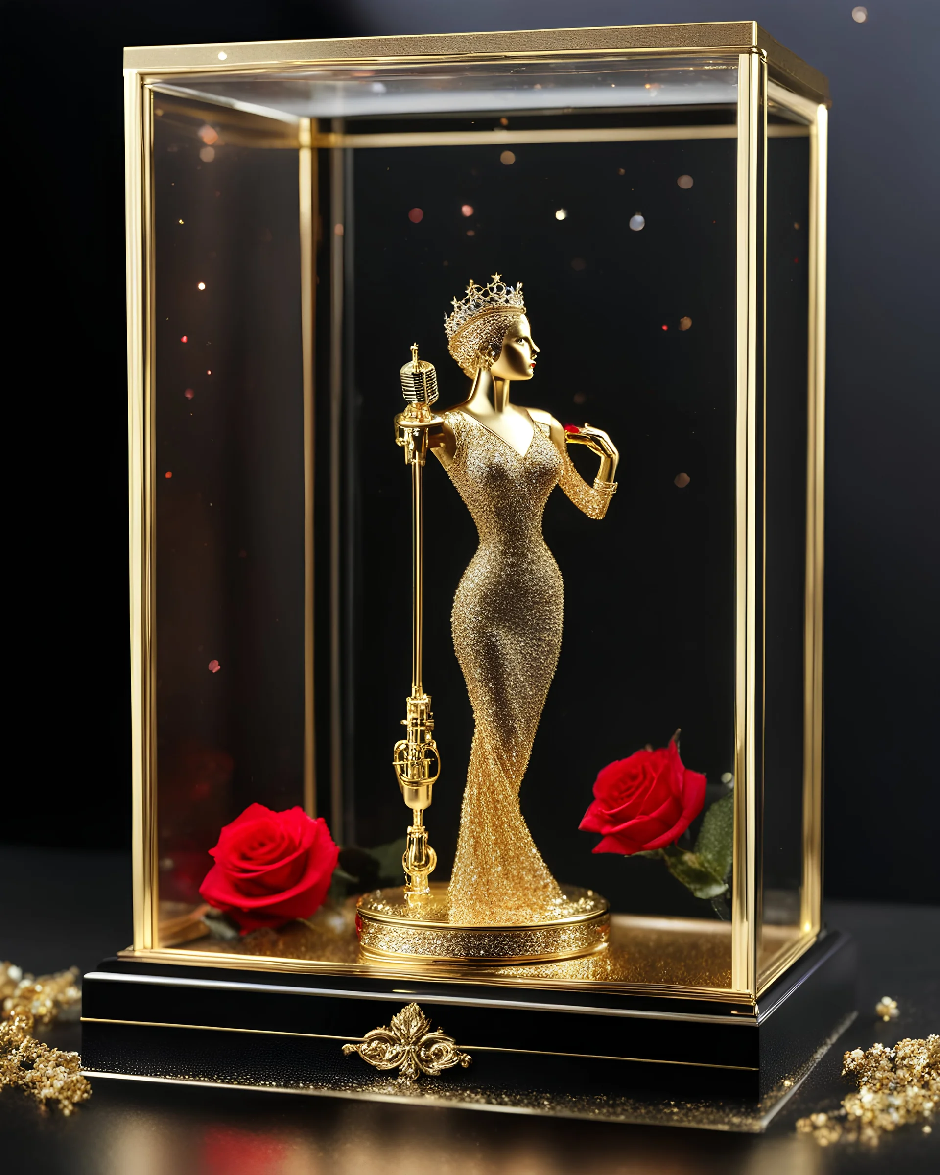 Luxury design of miniature singer music in a luxury glass box display case, singer music, microphone,made of gold metal plate, metal craft with luminous diamond glitter, on the outside surface of luxury jewelry decoration very small diamond stones, very small abstract queen logo, 3D logo shape, musical notes, red diamond stones, black decoration, leaves and roses combined, emitting light, gold background