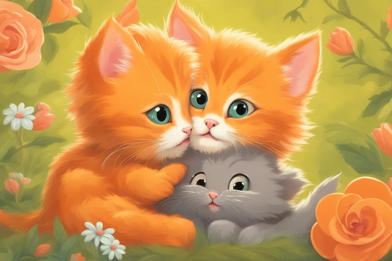 a fluffy orange kitten makes friends with a cute gray mouse on Valentine's day, happy vibe studio lighting fantastic view colourful very cute Lisa Frank richard scarry