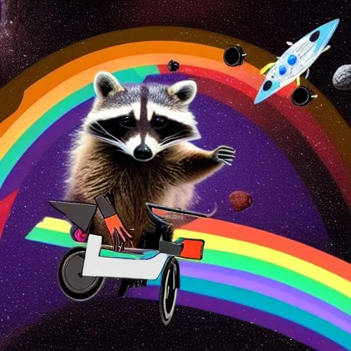 A raccoon astronaut riding a rainbow bike on a mission to gather space trash, jumping over asteroids as he goes.