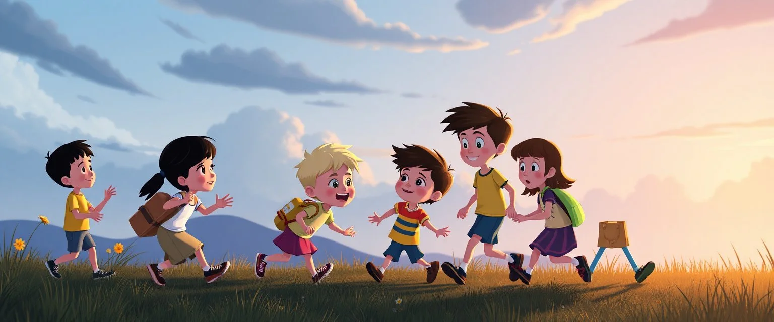 illustration of pixar children playing follow the leder