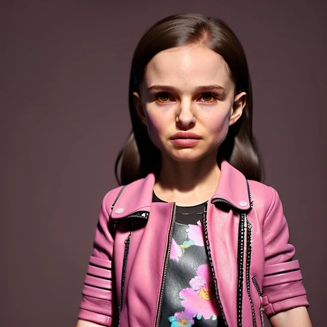 Natalie portman toddler, full body, leather jacket, floral shirt, floral skirt, shoe, soft skin, dramatic lighting, hyper realistic