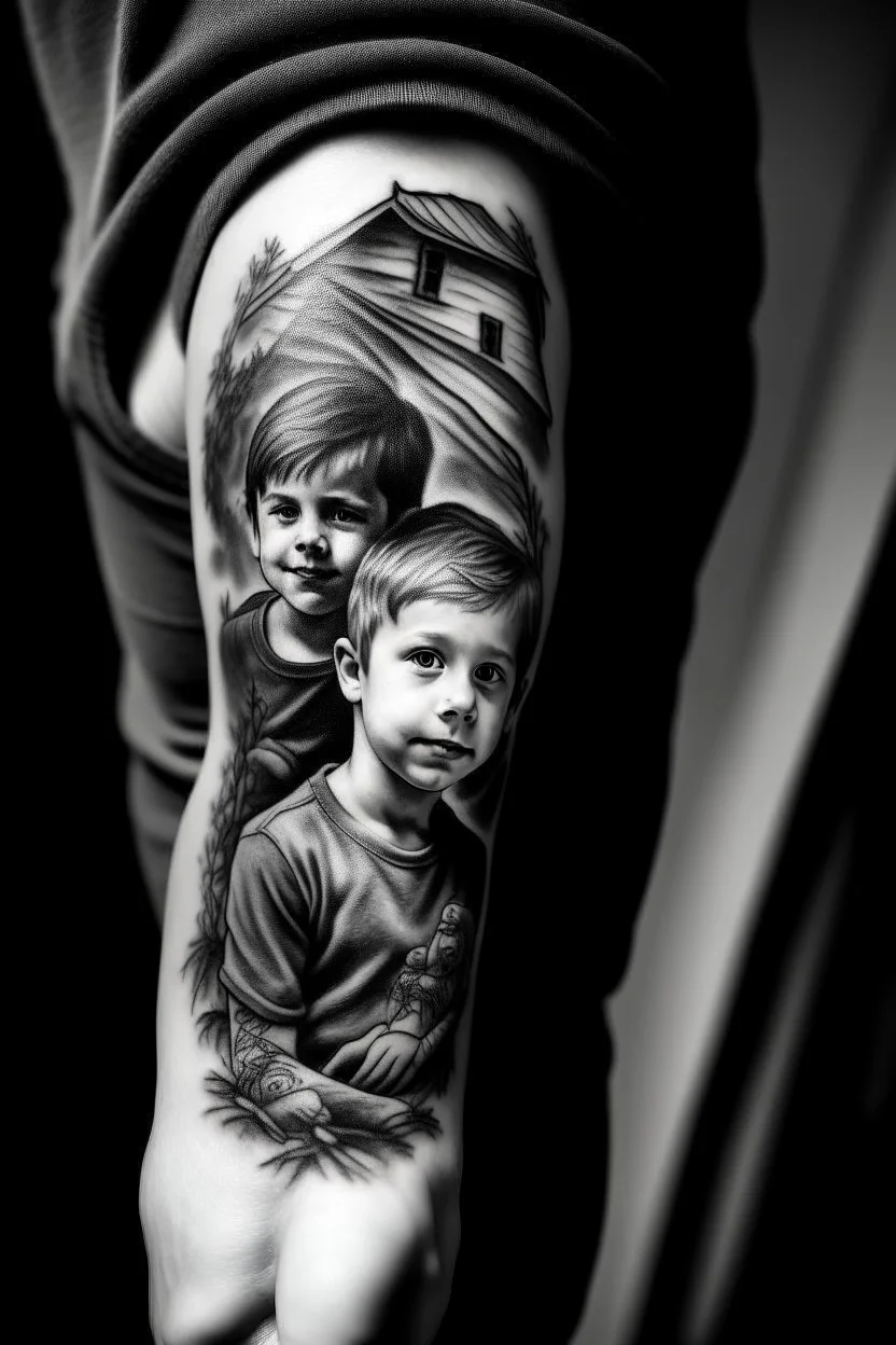 A black and white tattoo of three sons, aged 12, 8 & 5 in a house